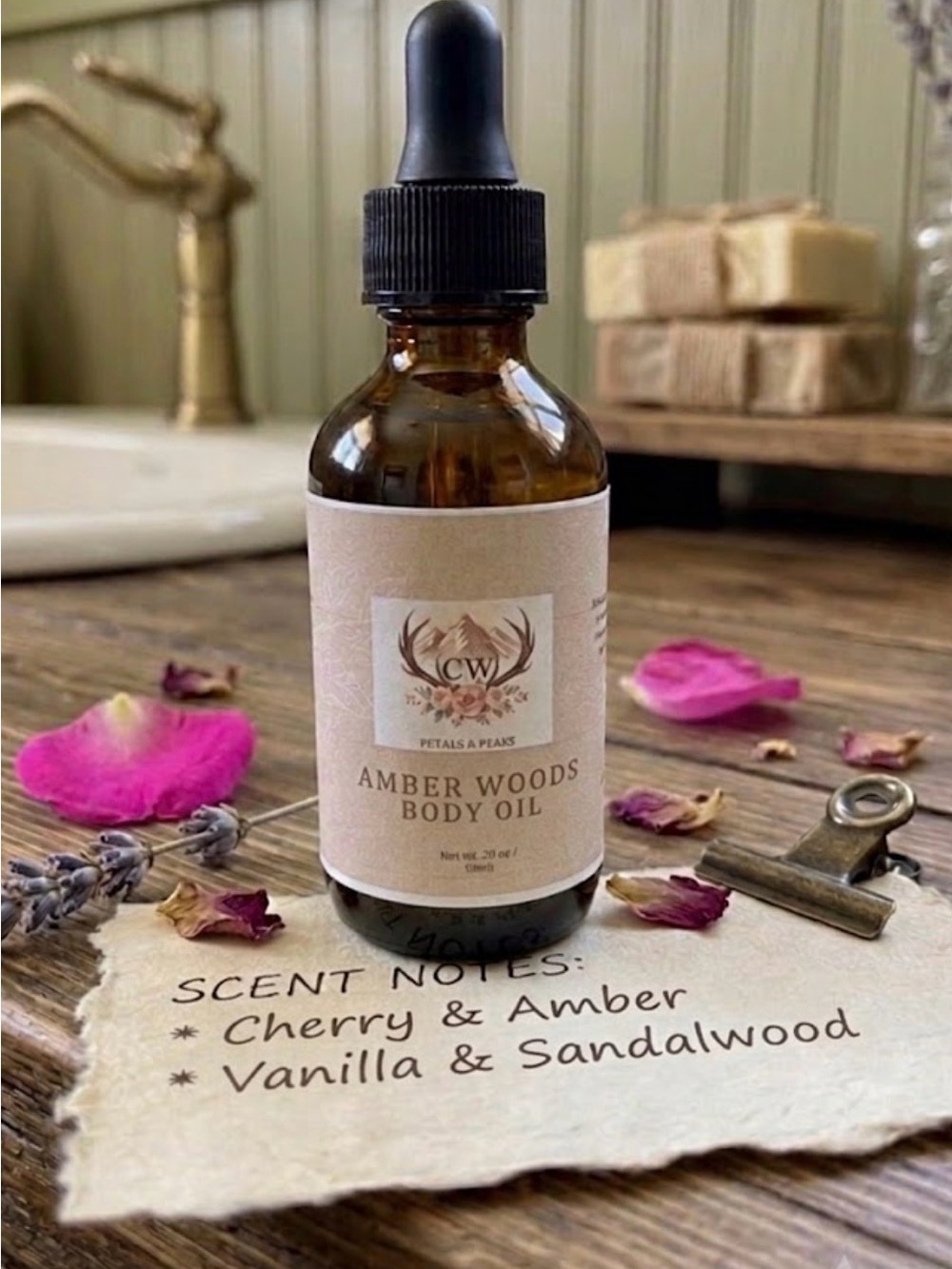 Body Oil - Amber Woods handcrafted CW PETALS & PEAKS 🪵